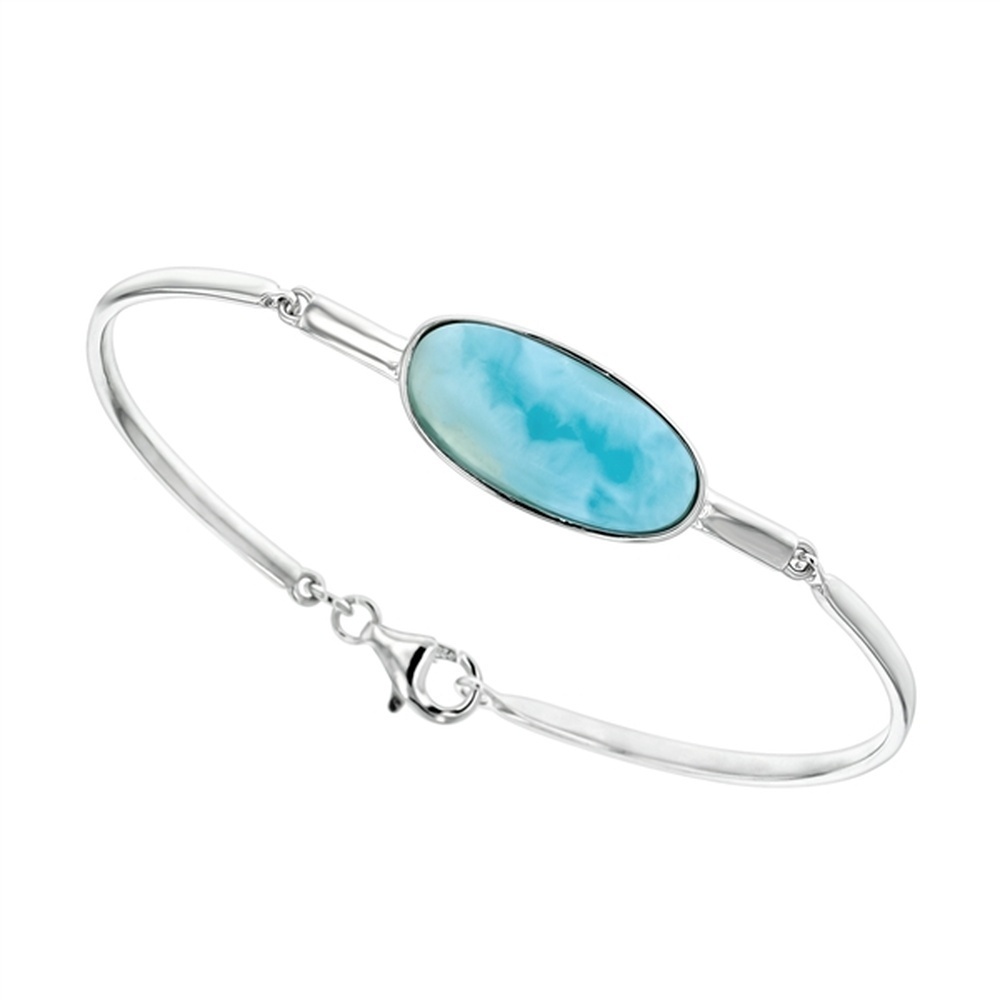925 Sterling Silver Larimar Oval Flexible Bangle Lobster Lock 9.4 gm